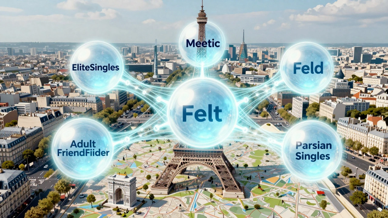 Cinq sphères lumineuses relient des lieux emblématiques de Paris, symbolisant les sites de rencontre les plus efficaces.