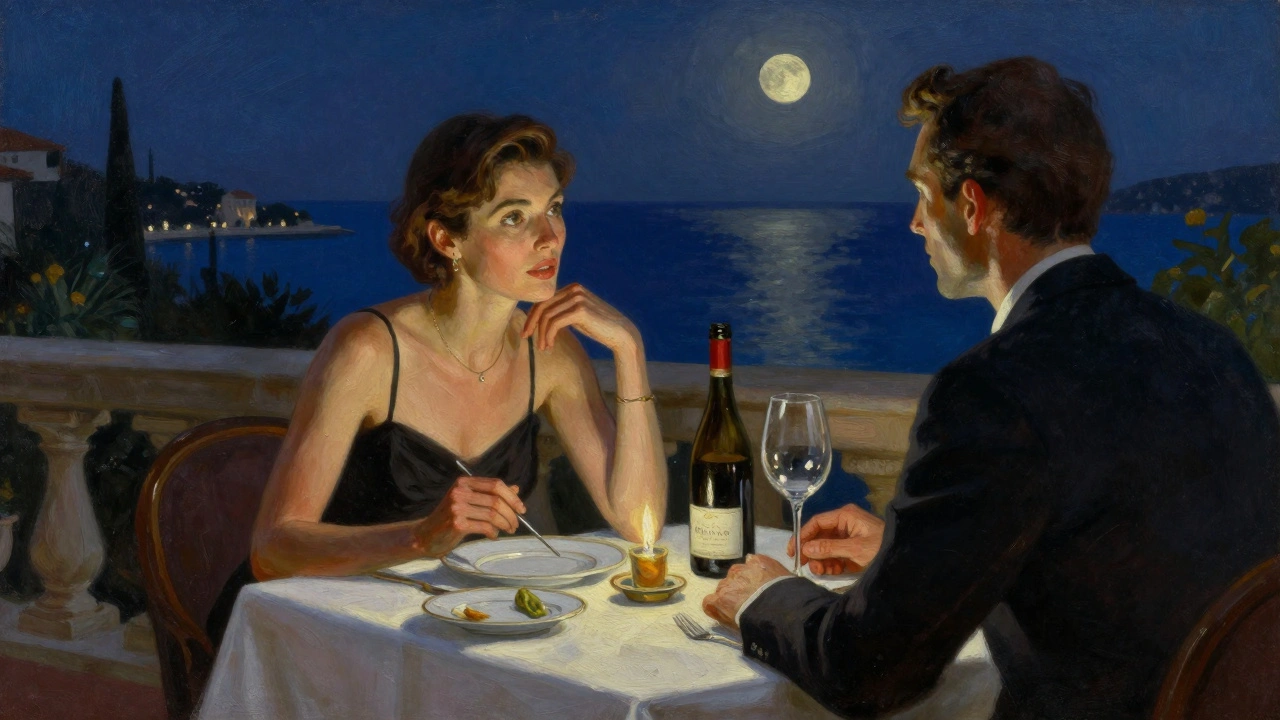 Coup de dîner intime à Saint-Tropez, deux personnes discutant silencieusement autour d&#039;une table luxueuse.
