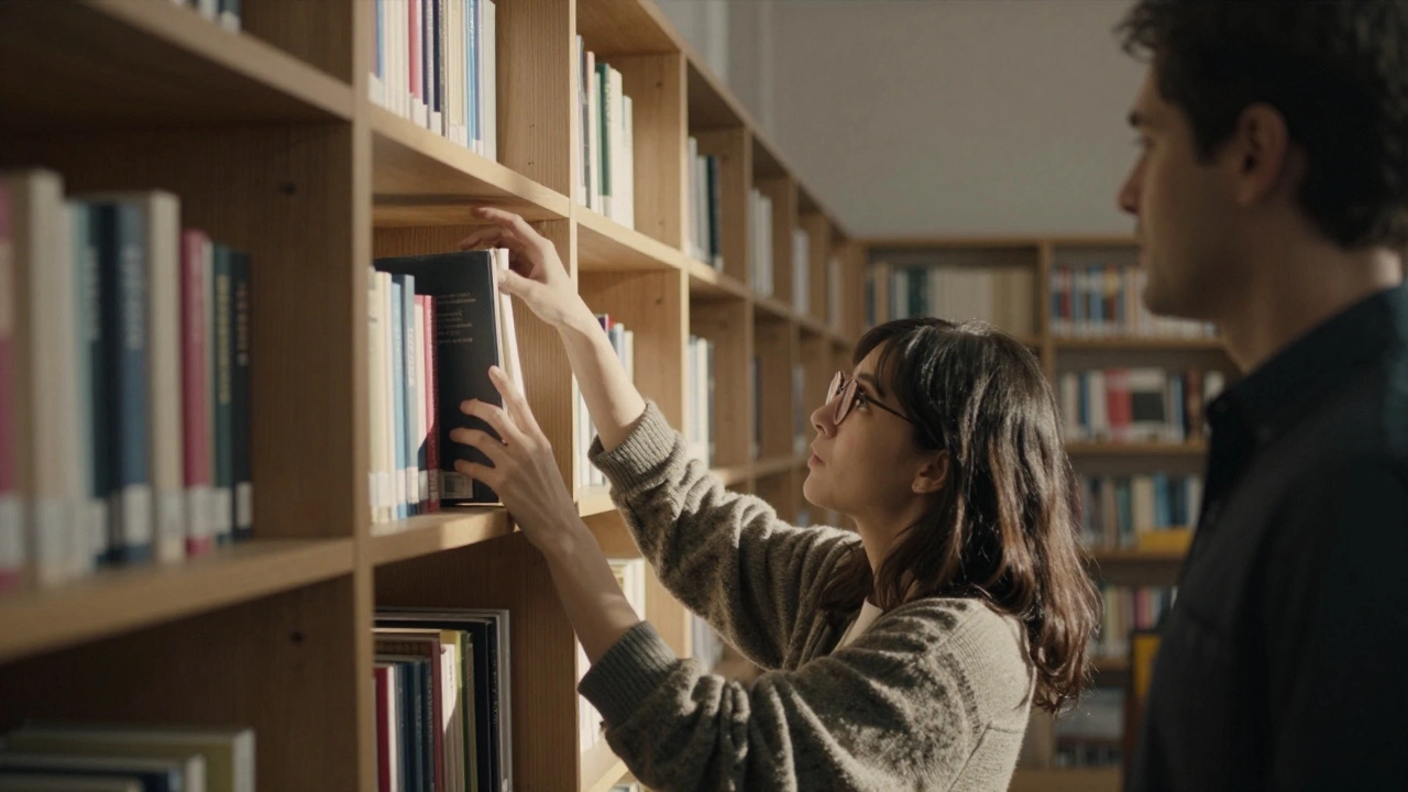 Dans une bibliothèque, un homme pose un livre devant une femme sans dire un mot.