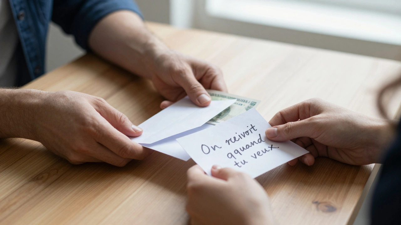 Deux mains échangeant un mot manuscrit sur une table en bois, lumière douce, moment intime et silencieux.