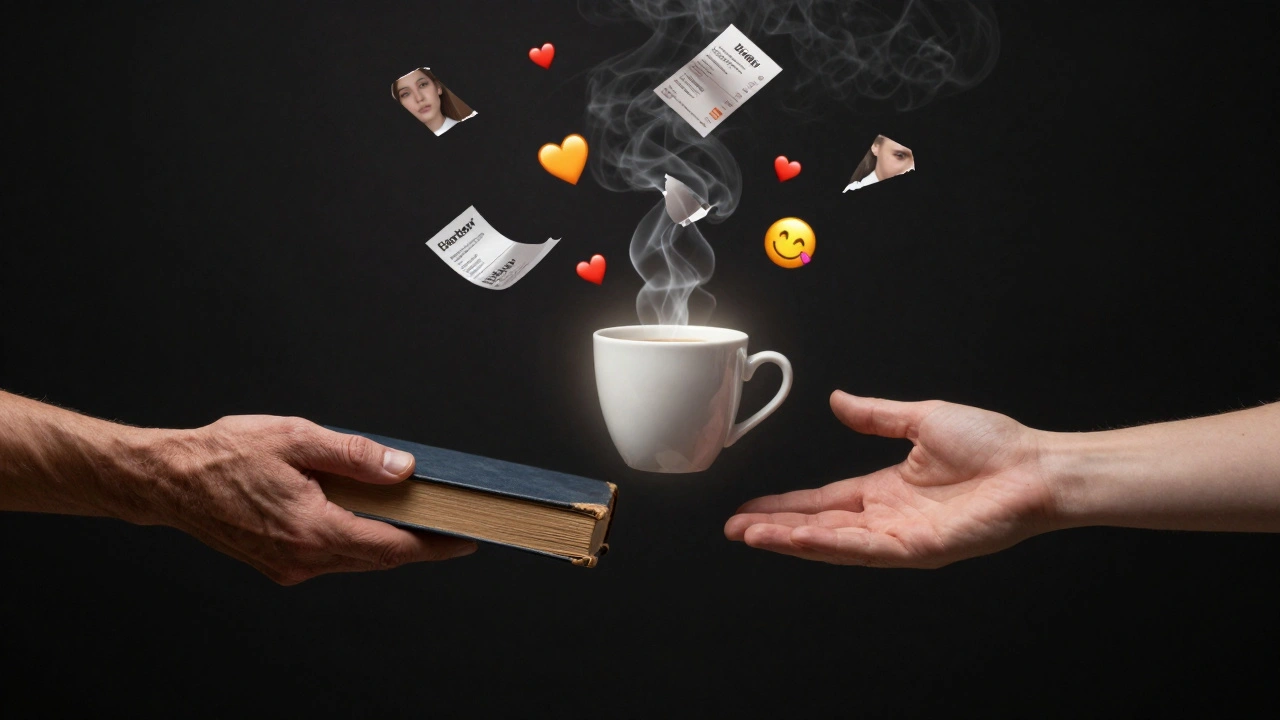 Deux mains qui se rejoignent au-dessus d'un livre flottant, tandis que des souvenirs de rencontres virtuelles disparaissent en fumée.