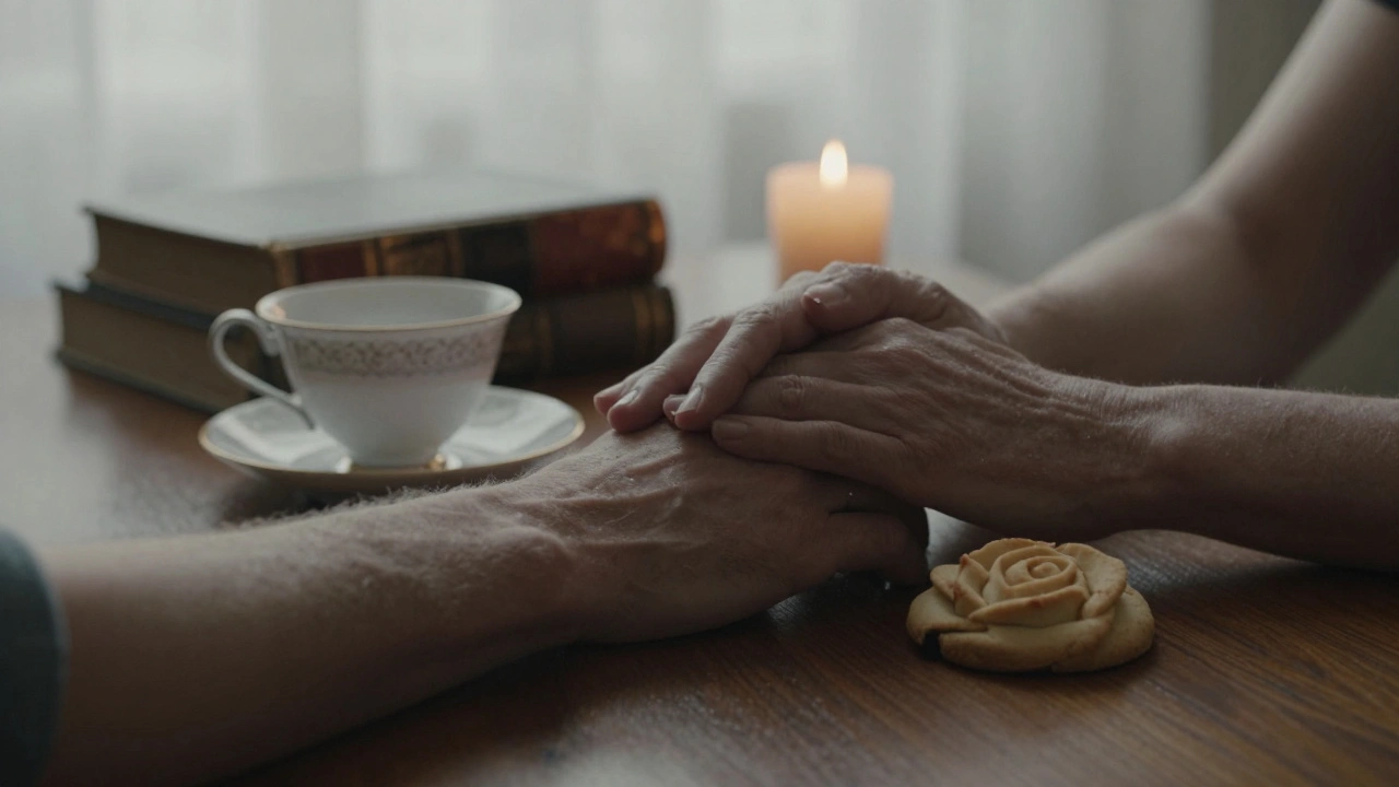 Deux mains se touchent doucement près d'une tasse de thé, un biscuit à la rose à côté, dans un salon chaleureux et intime.