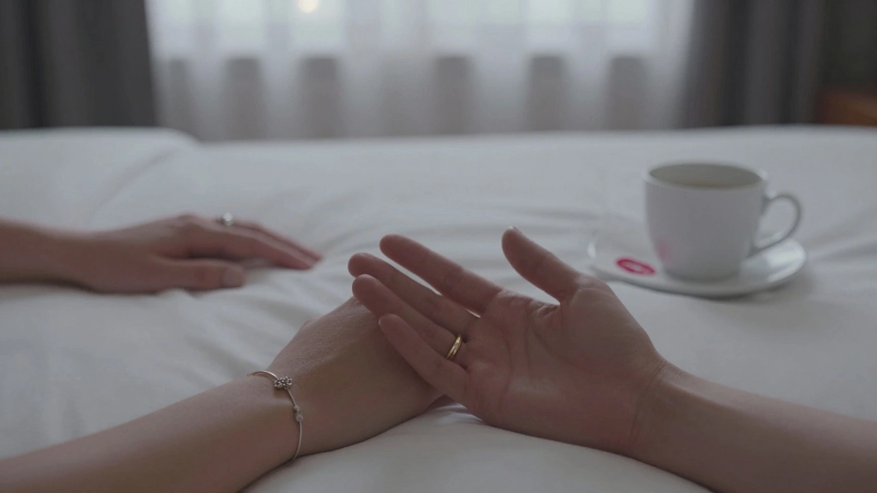 Deux mains se touchent doucement sur un drap blanc, une marque de rouge à lèvres sur une serviette.