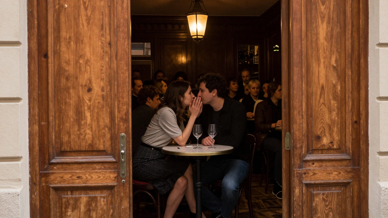 Deux personnes en conversation silencieuse dans un bar caché, éclairées par une lanterne, verres de vin vides devant elles.