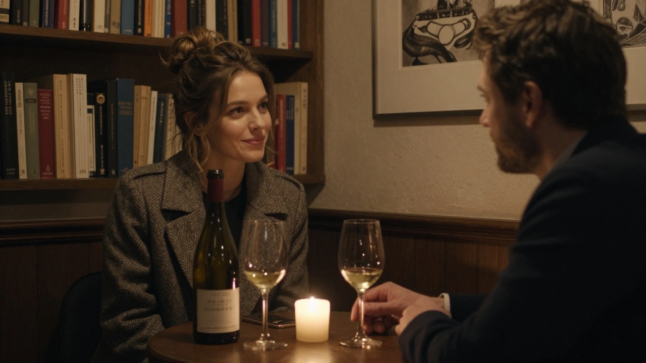 Deux personnes partagent un verre de vin dans un bar calme près du Luxembourg, l&#039;ambiance est douce et contemplative.