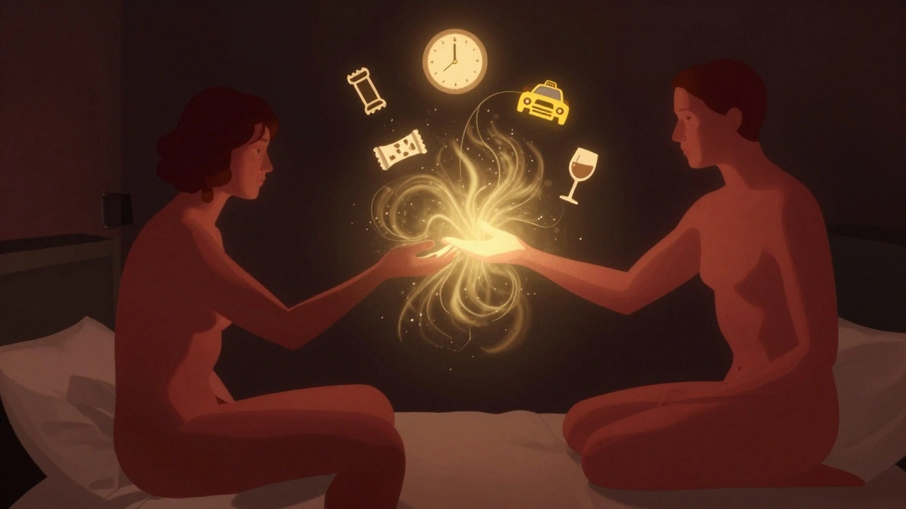 Deux silhouettes abstraites échangeant de l&#039;énergie dans une chambre minimale.