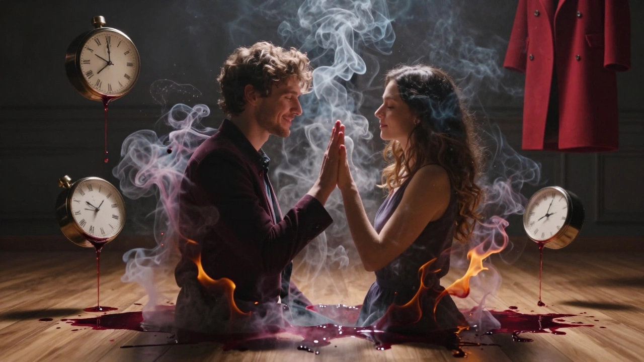 Deux silhouettes en train de se toucher, leur corps se transformant en fumée et étincelles, des horloges fondantes au sol.
