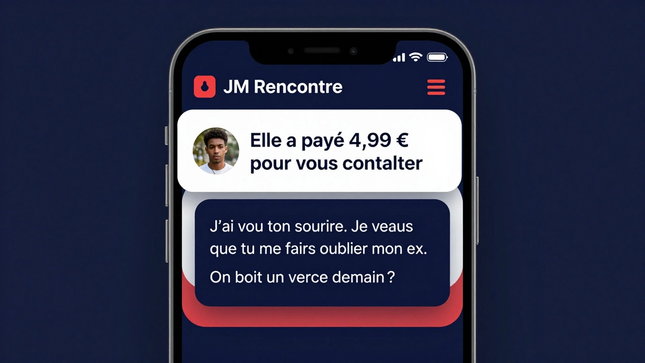 Écran de téléphone affichant un message clair et direct de femme sur l&#039;application JM Rencontre, avec indication du paiement.