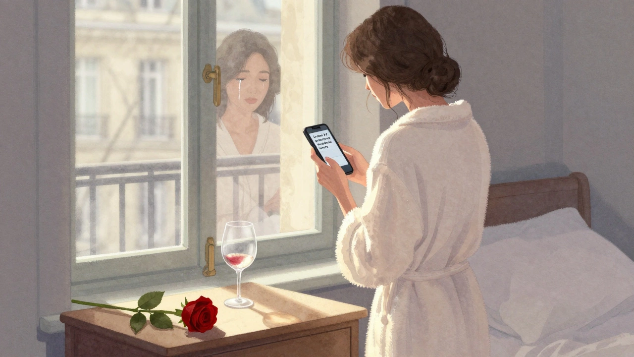 Femme à Bordeaux au petit matin, tenant son téléphone avec un message intime.