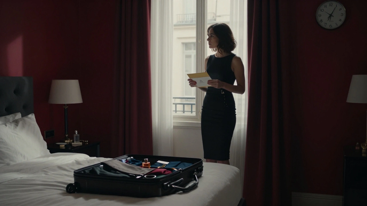 Femme dans une robe noire dans une chambre d&#039;hôtel, tenant une enveloppe confidentielle.