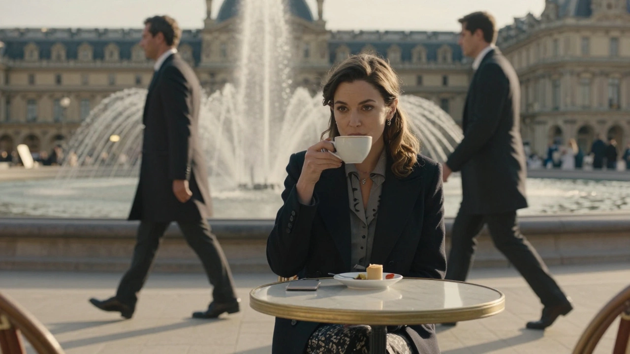 Femme silencieuse sur une terrasse du Palais Royal, regard perdu, lumière dorée et fontaines en arrière-plan.