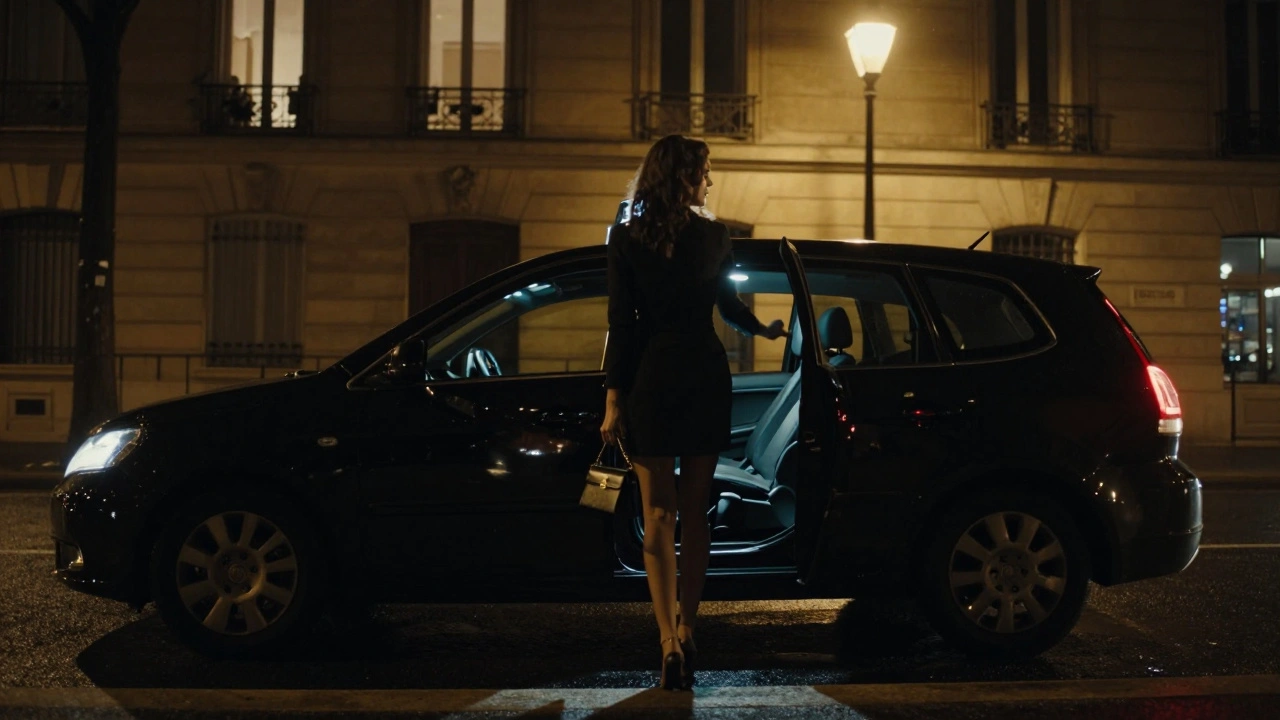 Femme sortant d&#039;un taxi la nuit dans le 16e arrondissement de Paris.