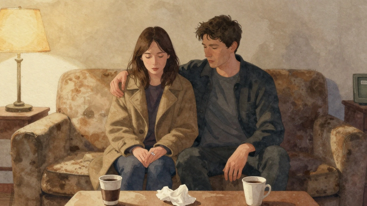 Homme et femme assis en silence sur un canapé, pas de contact intime, juste une présence apaisante.