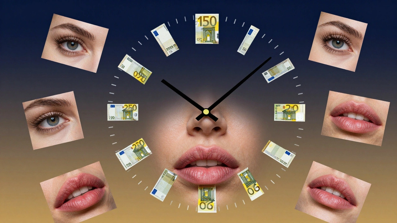 Horloge abstraite faite de peau, lèvres et billets de banque, symbole du service et du temps.