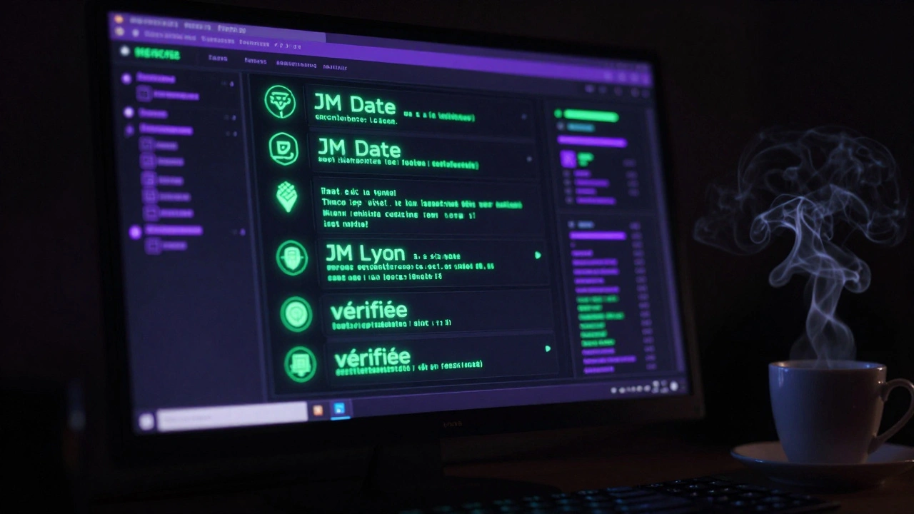Interface sombre du dark web avec des liens cryptés et des mentions de JM Date, dans une pièce obscure avec une lueur néon.