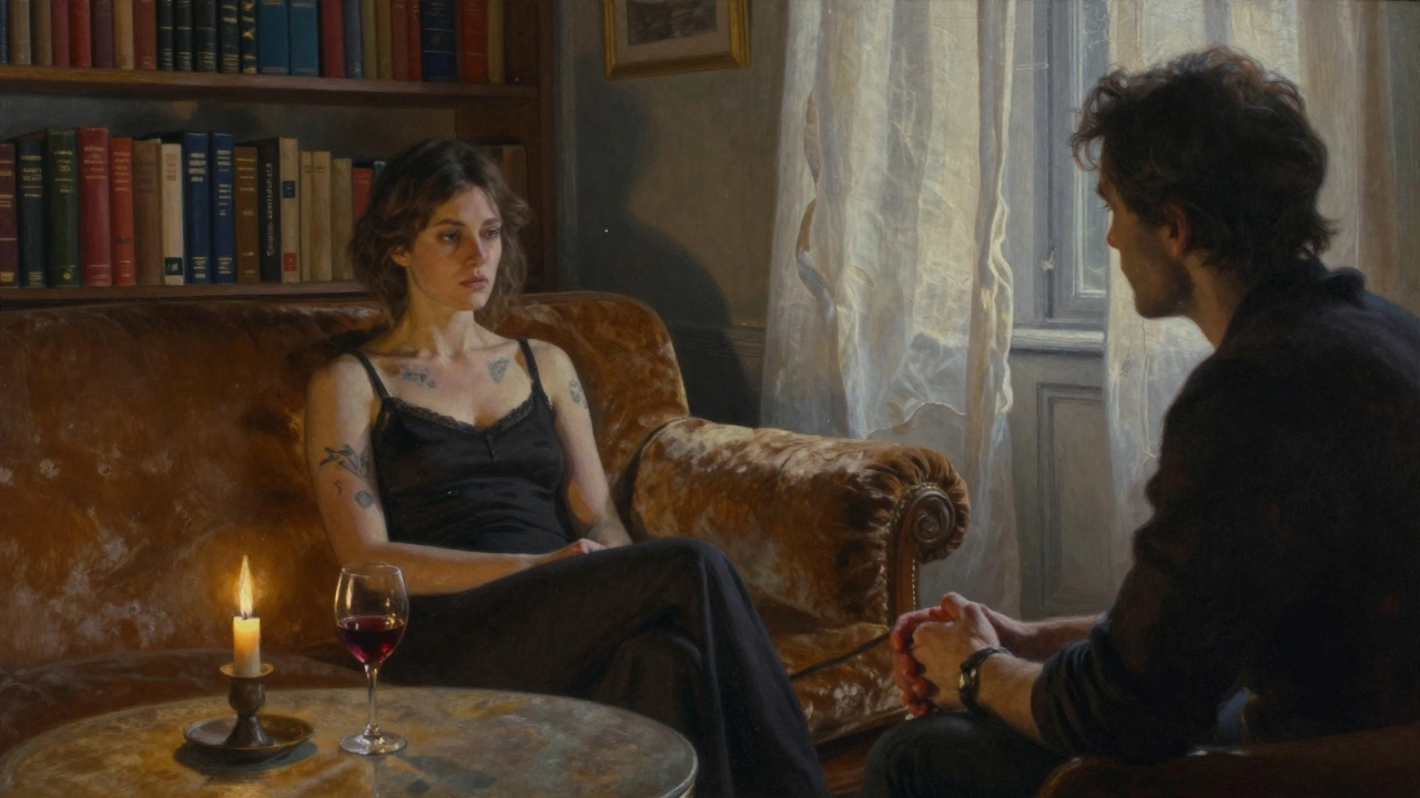 Intérieur chaleureux d&#039;un appartement parisien avec bougie, livres et vin, deux personnes assises en silence.