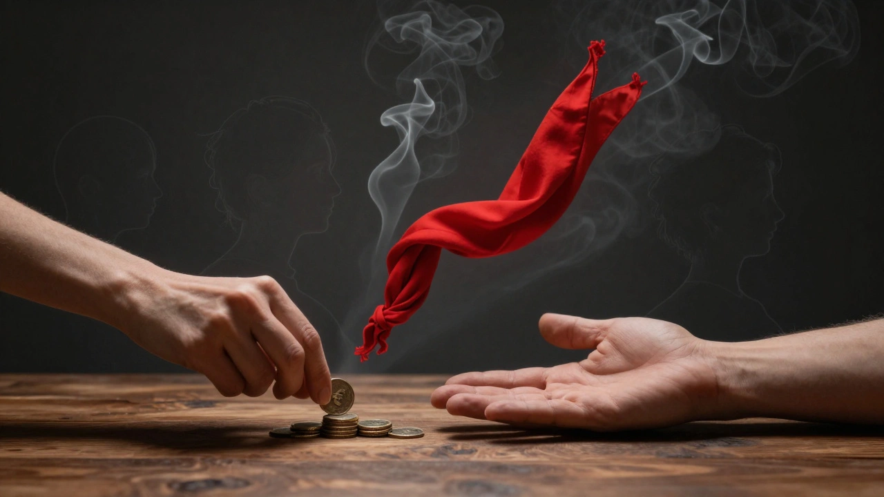 Main féminine déposant une pièce qui se transforme en écharpe rouge, symbolisant le choix et l’intention dans les rencontres.