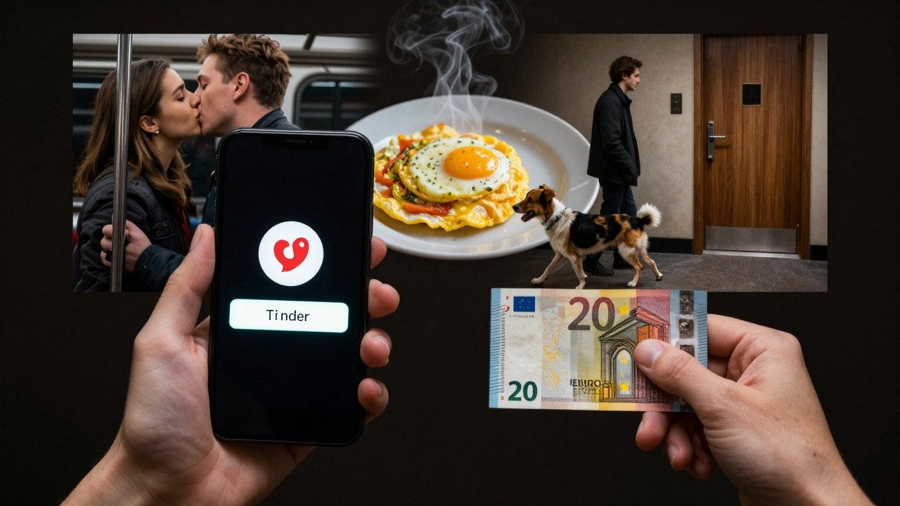 Mains tenant un téléphone Tinder et un billet de 20 euros, derrière elles des fragments de moments éphémères.