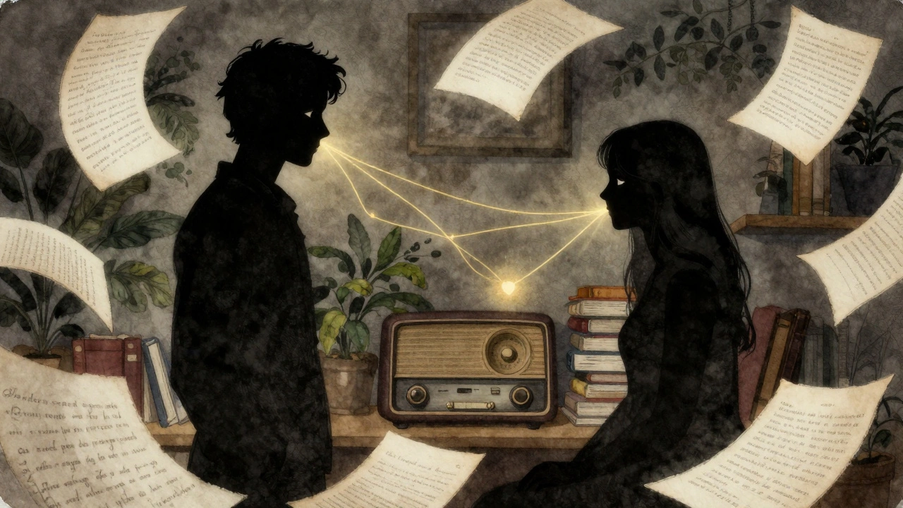 Silhouettes connectées par une lumière dorée dans une pièce remplie de livres et de musique de jazz.