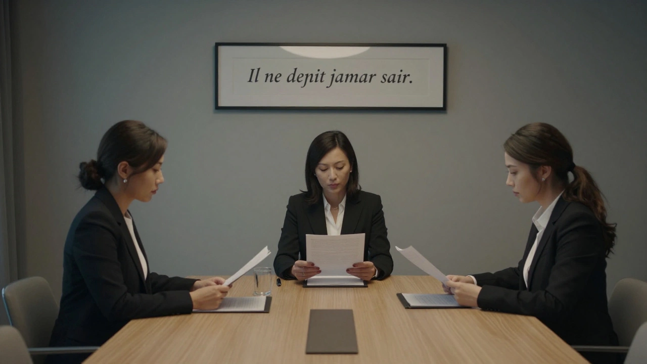 Trois femmes élégantes dans une salle discrète, examinant des dossiers confidentiels.