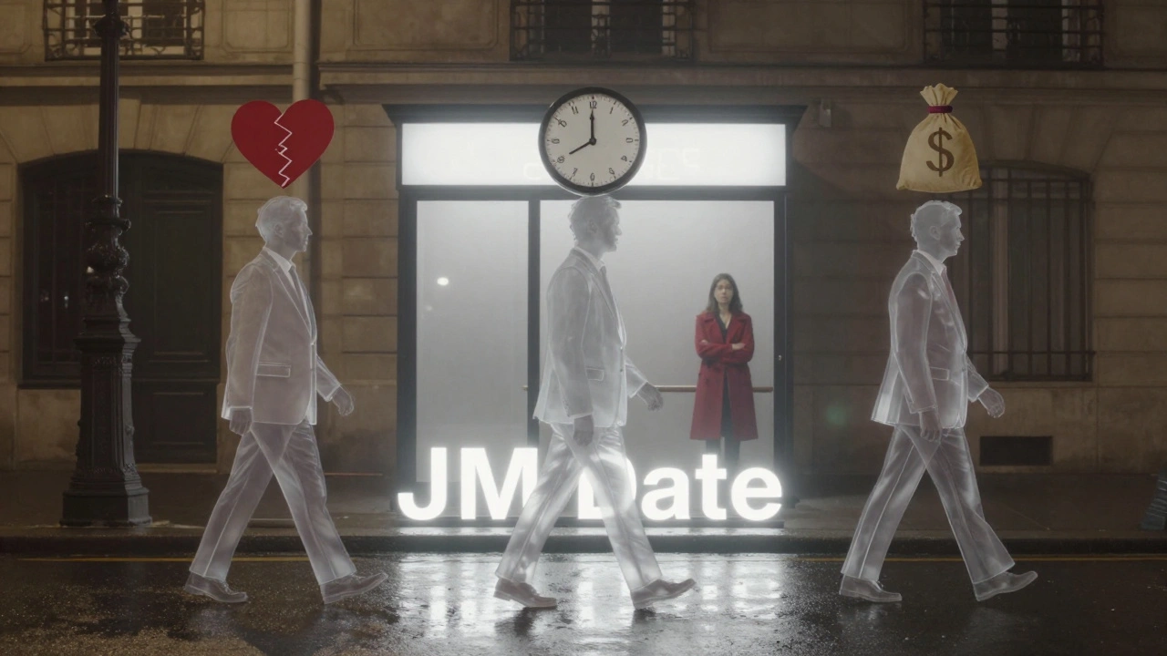 Trois hommes silhouettés marchent vers un enseigne &#039;JM Date&#039; sous une pluie légère.