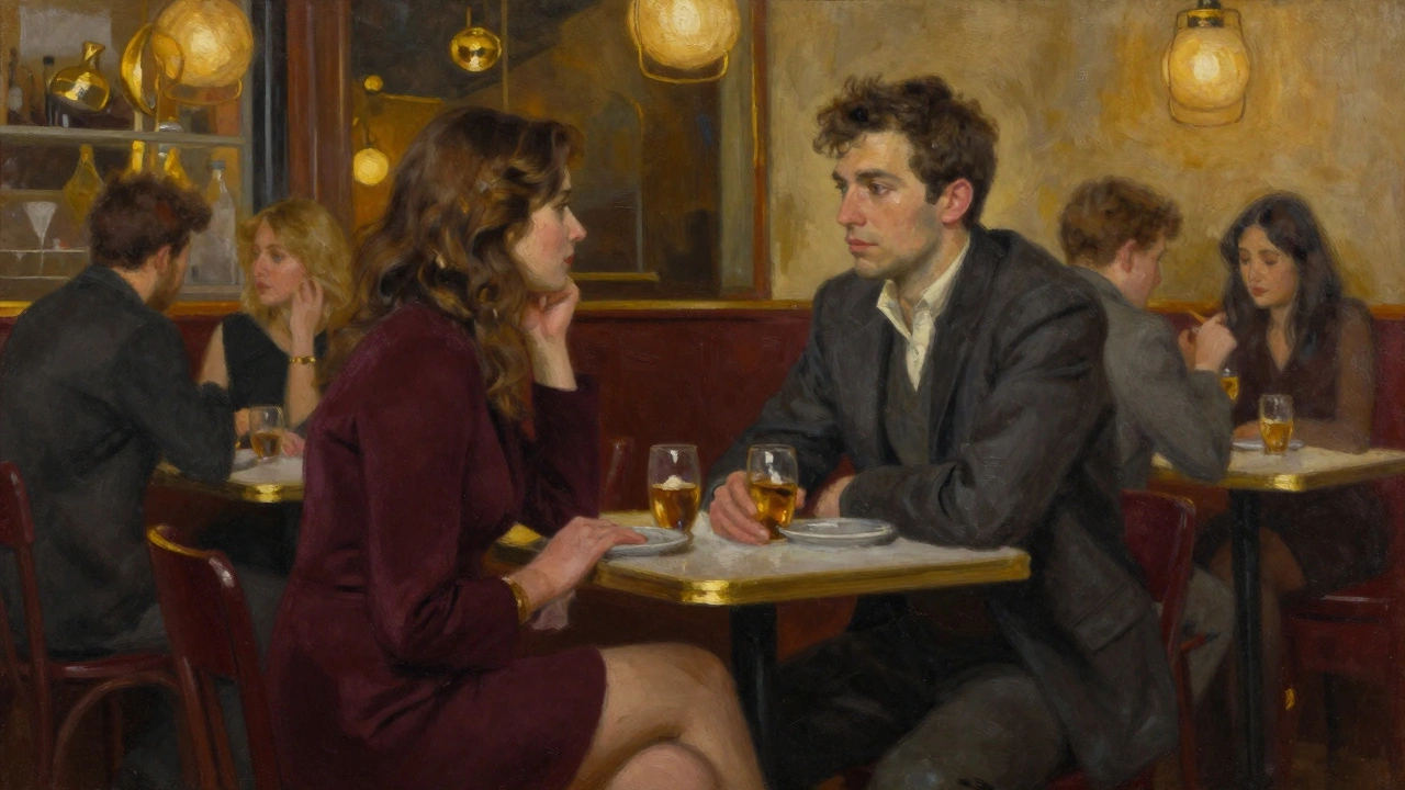 Un couple dans un bar à vin, la main de la femme glisse vers la cuisse de l'homme, lumières tamisées et verres de vin sur la table.