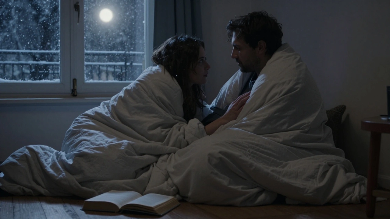 Un couple se regarde dans la pénombre d'un appartement froid à Lyon, à 3 heures du matin, dans une intimité paisible.