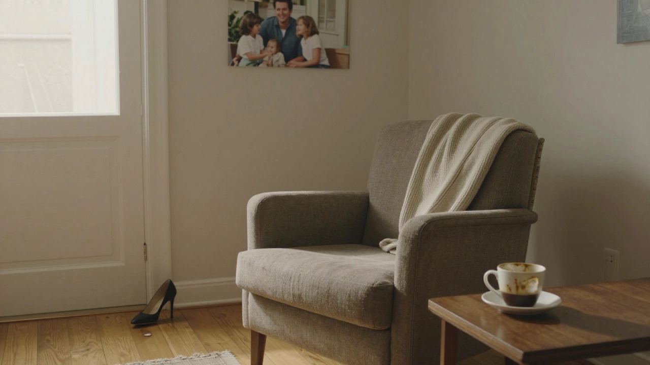 Un fauteuil vide dans un salon avec une photo de famille et une chaussure abandonnée près de la porte.