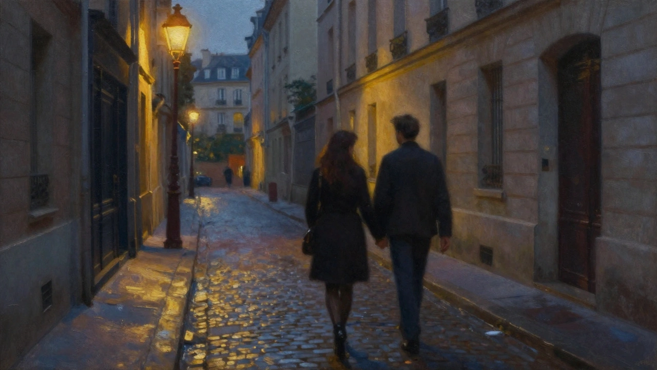 Un homme et une femme marchent main dans la main dans une ruelle pavée de Paris, sous une lampe dorée, l'atmosphère est douce et intime.