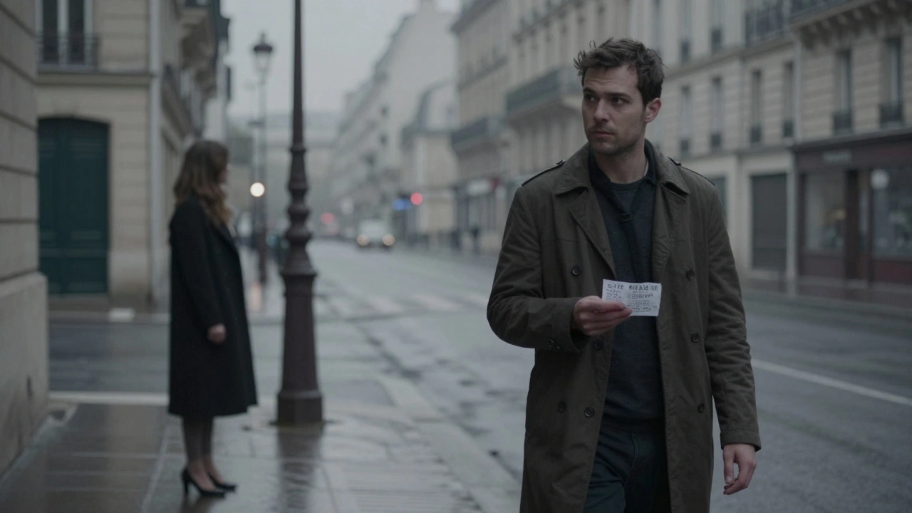 Un homme marche la nuit dans une rue parisienne, une silhouette lointaine l'attend sous une lampe.