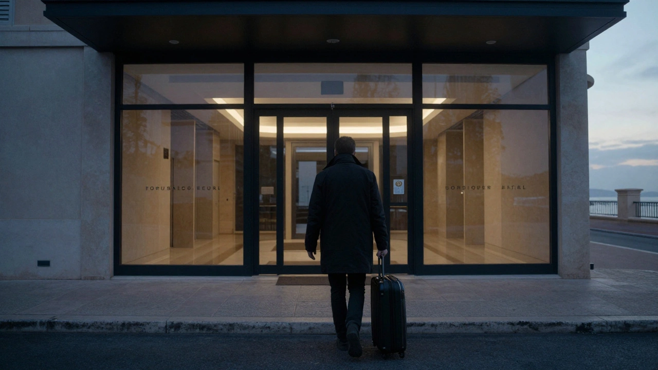 Un homme s&#039;éloignant d&#039;un hôtel de luxe au lever du jour, sans trace numérique.