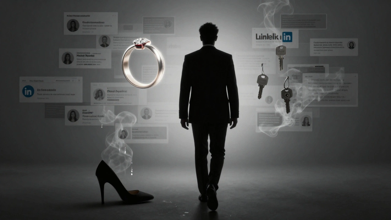 Un homme s&#039;éloigne d&#039;une alliance flottante, entouré de clés d&#039;hôtel et de messages qui s&#039;évaporent en fumée.