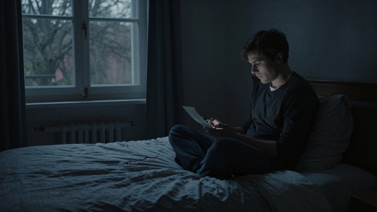 Un homme seul dans sa chambre, tenant une lettre, au petit matin.