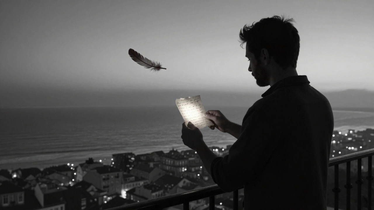 Un homme seul sur un balcon à Lisbonne, tenant une note écrite à la main, regardant l'océan au lever du jour.