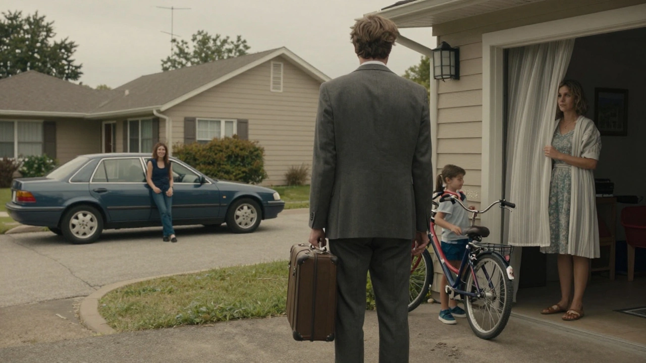 Un homme tenant une valise, regardant sa maison où sa femme l&#039;observe en silence.