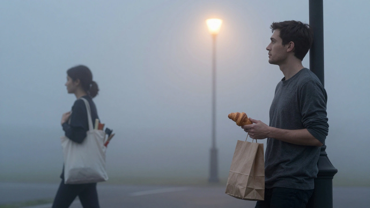 Un homme tient un croissant au lever du jour à Belleville, une silhouette s&#039;éloigne, l&#039;air est paisible et plein de potentiel.