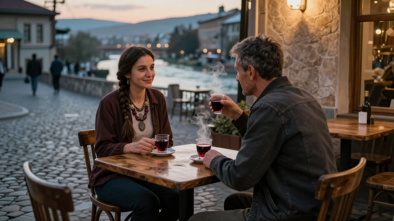 Un voyageur et une femme aux bijoux faits main discutent en silence dans un café de Tbilissi au coucher du soleil.