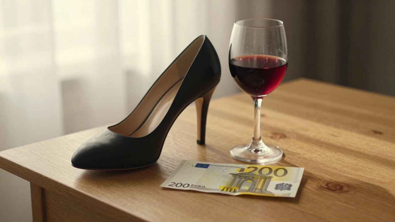 Une chaussure et un billet de 200 euros sur une table, symbole d'un rendez-vous terminé, libre et sans engagement.