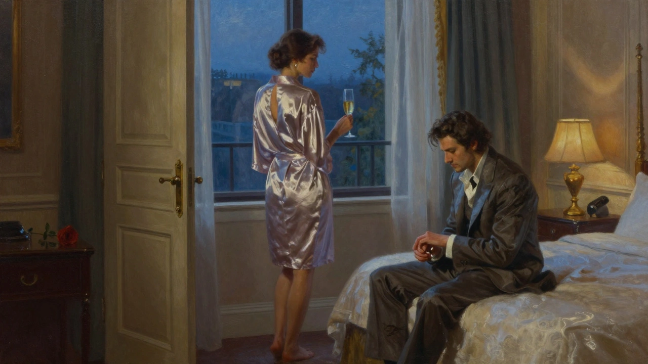 Une femme dans une robe de soie près d&#039;une fenêtre d&#039;hôtel, un homme assis sur le lit, regardant son alliance.