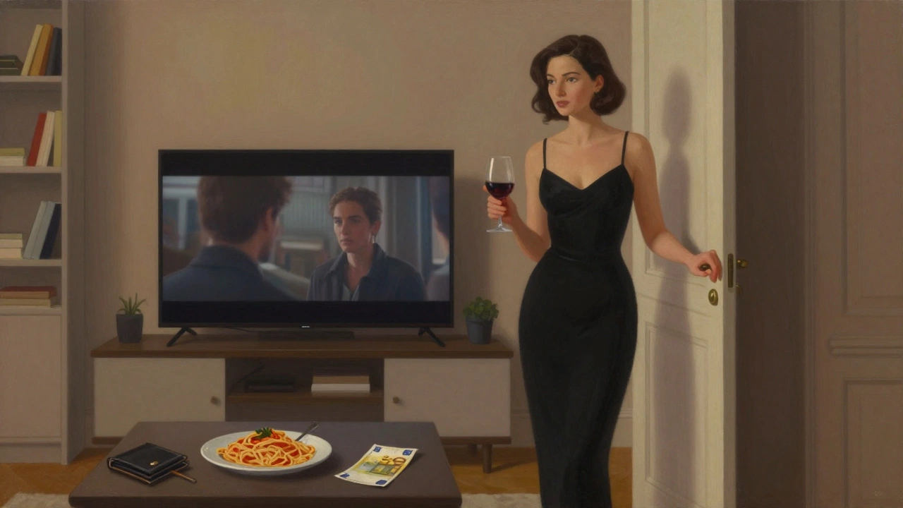 Une femme dans une robe noire dans un salon parisien, avec un billet de 150€ sur la table.