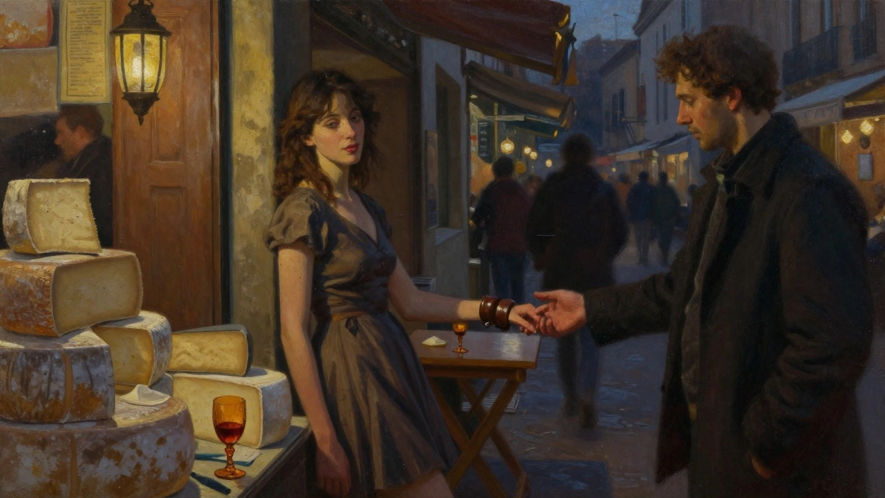 Une femme en robe courte appuie son dos contre un mur de marché au crépuscule, un bracelet en cuir entre les doigts d&#039;un homme.