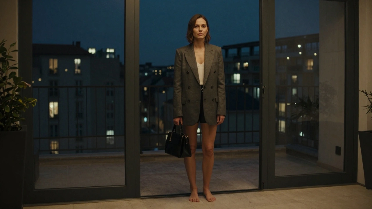 Une femme entre dans un appartement à Lyon, sac à la main, regard direct et confiant.