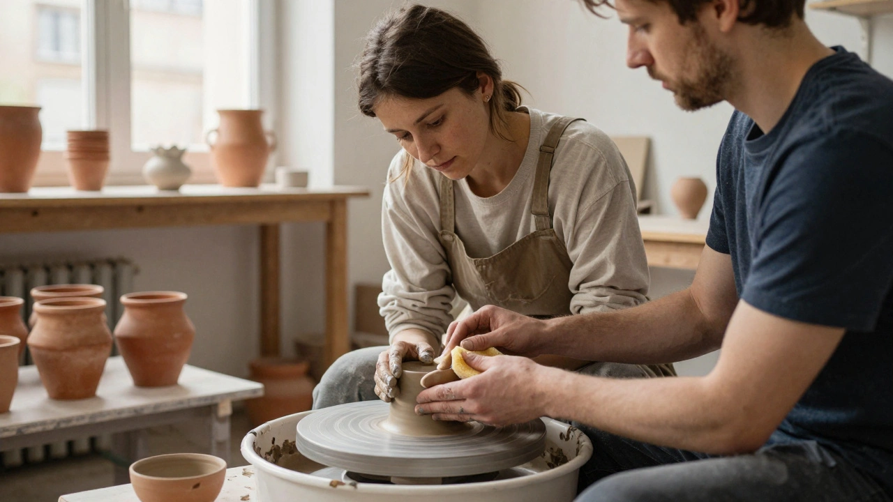 Une femme façonne de l'argile dans un atelier de poterie, un homme lui tend une éponge en silence.
