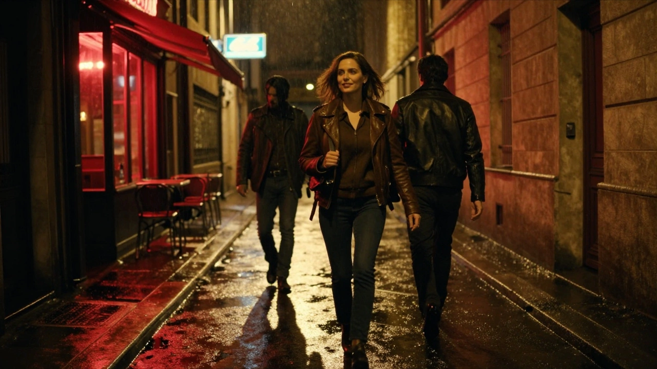 Une femme marche dans une ruelle de Paris la nuit, souriant en se retournant, suivie par un homme dans l&#039;ombre.