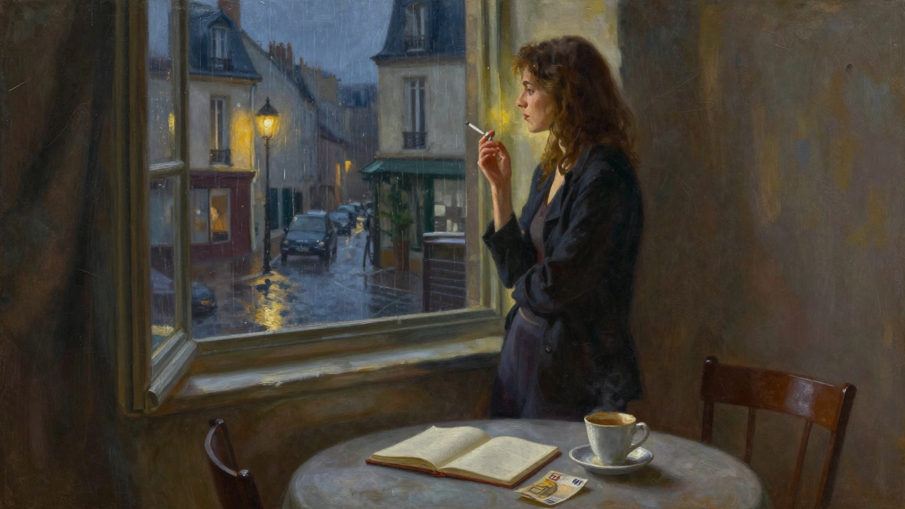 Une femme regardant la pluie par la fenêtre, cigarette à la main, lumière douce et chaise vide près d'elle.