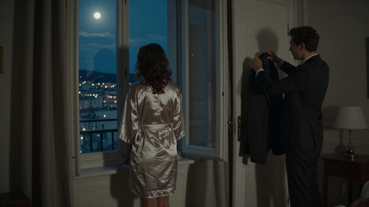 Une femme regarde la ville depuis une fenêtre, un homme s'apprête à partir, pas de contact, juste une connexion éphémère.