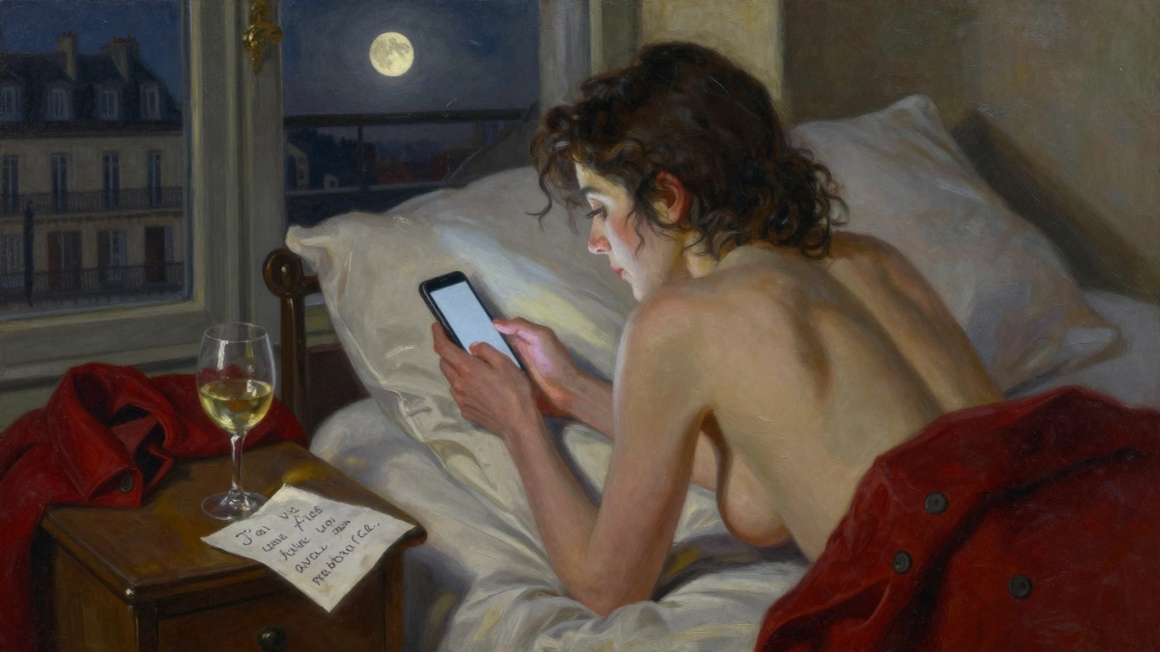 Une femme seule à 3h du matin dans sa chambre à Paris, regard fixé sur un téléphone éteint, manteau rouge sur une chaise.