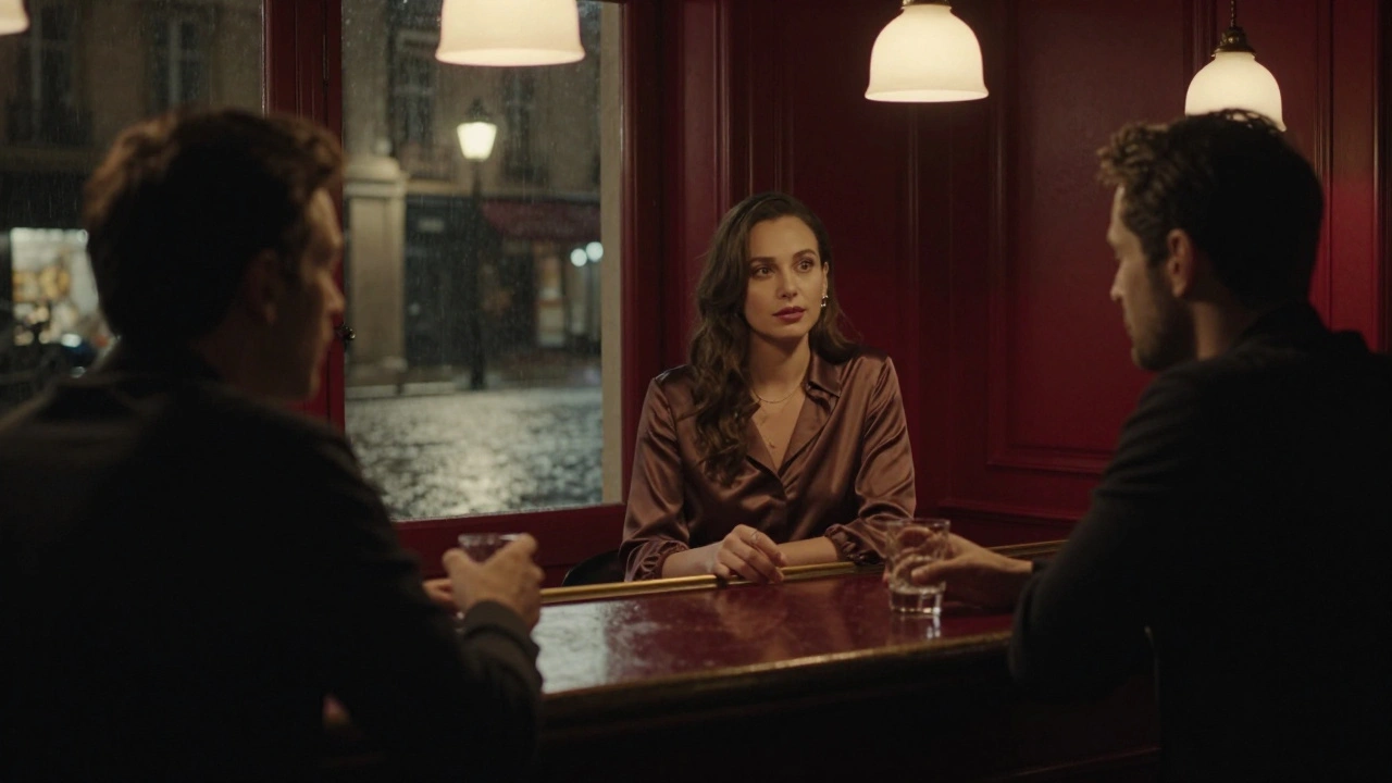 Une femme seule dans un bar luxueux au velours rouge, un homme ne la regarde pas, l&#039;atmosphère est calme et intense.