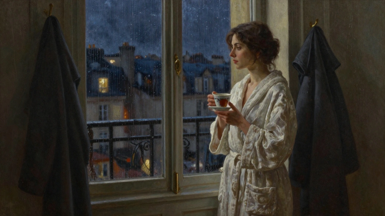 Une femme seule près d'une fenêtre pluvieuse à Paris, tenant une tasse de thé, regardant la ville de nuit.