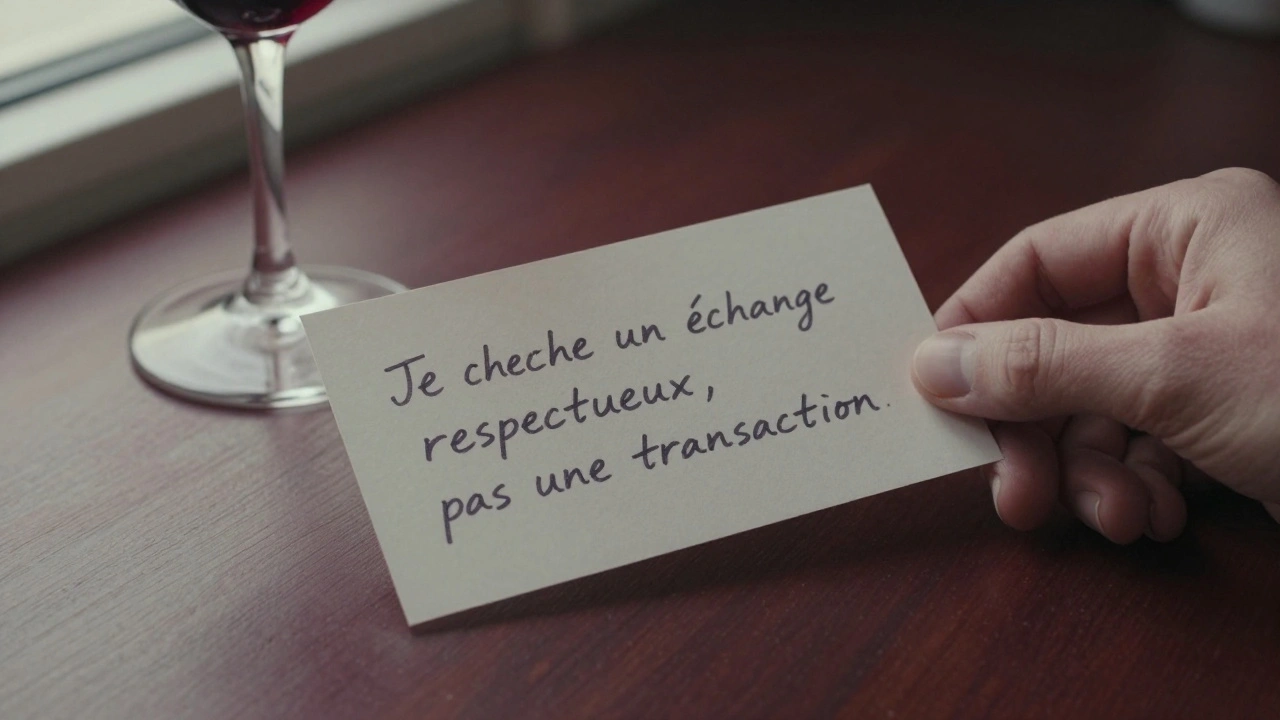 Une main dépose une fiche de profil manuscrite sur une table en bois, avec un verre de vin, soulignant des limites et des désirs respectueux.